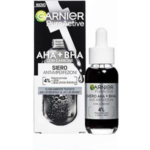 Garnier Siero Anti-imperfezioni, Per Pelle Grassa, Impura e Mista,Contrasta Punti Neri e Brufoli, Formula Vegana* con 4% [Niacinamide + AHA + BHA], Siero Pure Active AHA+BHA con Carbone, 30 ml