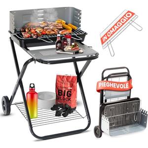 Avilia Barbecue a Carbonella Portatile Pieghevole in Acciaio - Barbecue con Griglia 54x38cm e 2 Ruote per Facile Trasporto - Barbecue Portatile per Grigliate in Giardino e Campeggio - 60x80x84cm