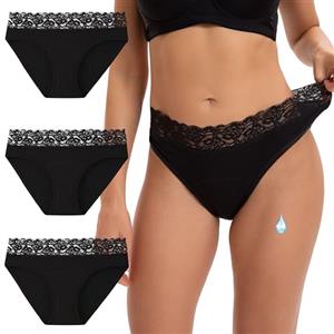 INNERSY Slip Ciclo Donna Cotone Mutande Mestruale Nero Mutandine Assorbenti Pizzo Culotte Pacco da 3 (XS, 3 Nero)