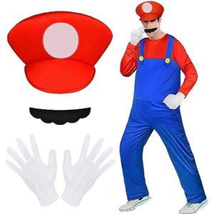 Aomig Costume Mario Adulto, 4Pcs Costume Mario-bros con Cappello, Baffi, Guanti, Mario Brothers Cosplay Costume Unisex, Fancy Dress Outfit Super Costume per Halloween, Carnevale, Rosso, L