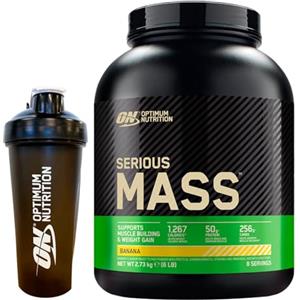 Optimum Nutrition Serious Mass Gainer Proteine Whey in Polvere per la Massa Muscolare con Vitamine Creatina Glutammina Gusto Banana 2,73kg 8 Porzioni + Shaker