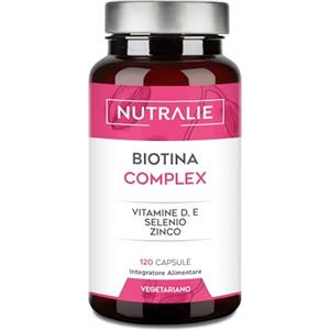 NUTRALIE Biotina per Capelli 10000 mcg - Capelli + Pelle + Unghie - Con Vitamine E D Zinco Selenio - Per Donna e Uomo - 120 Capsule Vegetariana Nutralie