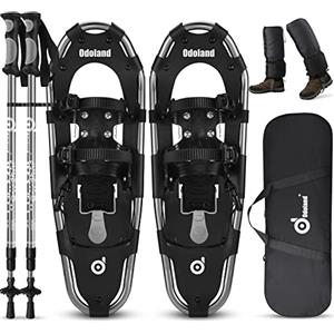 Odoland Ciaspole da Neve 4 in 1 con Alzatacco per Uomo Donna Gioventù, Racchette da Neve Set per Tutti i Terreni con Bastoncini Trekking, Ghette Gambe Impermeabile e Borsa Portatile, Nero, S