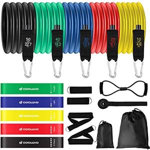 Odoland Set Elastici Fitness con 5 Fasce di Resistenza, Bande Elastiche, Maniglie, Cinghie per Caviglia, Ancoraggio da Porta, Kit Allenamento per Fitness Yoga Pilates, Color