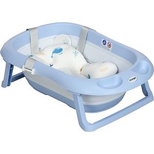 ZONEKIZ Vaschetta Bagnetto Pieghevole per Bambini 0-6 Anni con Cuscino e 2 Spazi Portaoggetti Inclusi, 83x48x23.5 cm, Blu e Bianco