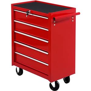 HOMCOM Carrello Porta Utensili con 5 Cassetti, Serratura, 2 Chiavi e Manubrio Parete Smontabile 2 Ruote con Freno in Lamiera d'Acciaio EVA Rosso 67,5x33x77cm