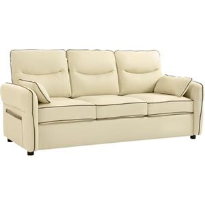 HOMCOM Divano 3 Posti Imbottito in Pelle Finta con Bordo a Contrasto, Divanetto da Salotto con Imbottitura Spessa, 2 Cuscini Rimovibile e Lavabile, Braccioli e Tasche Laterali, 190x83x90 cm, Beige