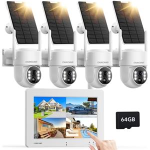 Camcamp Telecamera di sorveglianza esterna a energia solare con monitor, 4 MP, 4 pezzi, per esterni, con scheda SD da 64 GB, schermo touch NVR, visione notturna a colori, monitoraggio del movimento