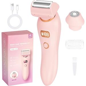 AOOWU Rasoio Intimo donna, 2 In 1 Rasoio Elettrico Donna Inguine, IPX7 Depilatore Corpo Donna, Epilatore Viso Donna di Rimozione per Bikini Ascelle Gambe, Ricaricabile Dry Wet, con Display LED