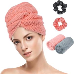 AOOWU Asciugamano Capelli in Microfibra con Texture Waffle, 2 Pezzi Turbante Capelli Morbido con 2 Fascia Elastica, Turbante Asciugacapelli Capelli Super Assorbente, per Donna Capelli Lunghi Ricci