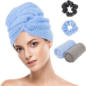 AOOWU Asciugamano Capelli in Microfibra con Texture Waffle, 2 Pezzi Turbante Capelli Morbido con 2 Fascia Elastica, Turbante Asciugacapelli Capelli Super Assorbente, per Donna Capelli Lunghi Ricci