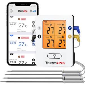 ThermoPro TP25 - Termometro Bluetooth per carne, con 4 sonde di temperatura, ricaricabile, termometro alimentare intelligente digitale wireless, per la cucina, barbecue, griglia, forno, affumicatore