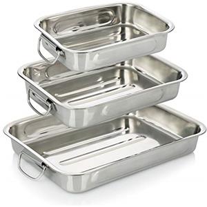 COM-FOUR® set di teglie e teglie da 3 pezzi - teglia in acciaio inossidabile con manici - casseruola in acciaio inossidabile per cucinare e cuocere al forno - pirofila (argento - 3 parti)