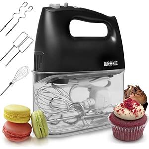 Duronic Sbattitore elettrico 400 W | 5 velocità e funzione turbo | Frusta elettrica con contenitore per accessori | 2 sbattitori 2 ganci e 1 frusta in acciaio INOX (HM4 BK, HM4 BK)