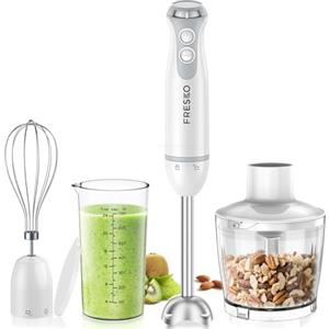 FRESKO Frullatore a Immersione 4 in 1, Minipimer in Acciaio Inossidabile da 1000 W, Regolazione continua della velocità e turbo, Include Tritatutto da 500 ml e Misurino da 700 ml, per Pappe, Zuppe