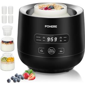 FOHERE Yogurtiera Elettrica con 2 XXL Vasetti da 2000 ml e 1400 ml, 4 * 125 ml Contenitori con Coperchio, 8 Programmi Preimpostati, Accessori per Yogurt Greco, Timer Digitale, 100% BPA Free