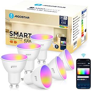 Aigostar Lampadine LED Alexa GU10 SL2 Lampadina WIFI Smart 6.5W 555LM , Dimmerabile RGB & 2700K-6500K , Controllo App , 26 Simulazioni di scena , compatibile con Alexa/Google Home , 6 Unità.