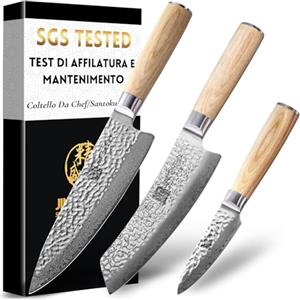 Jingseiho Set di Coltelli Damasco - Acciaio Forgiati VG-10 67 Strati, Filo Affilato Certificato SGS, Include Coltello Chef, Santoku e Coltello Sbucciatore, Coltelli da Cucina di Alta Qualità per Casa