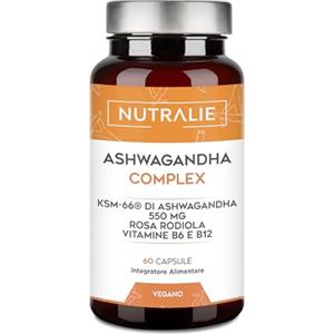 NUTRALIE Ashwagandha KSM-66 - Rhodiola Rosea Vit B6 B12 - Ginseng Indiano - Withania Somnifera - BIO-disponible - 60 Capsule Vegane Nutralie