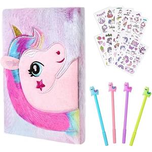 OFFCUP Quaderno Peluche con Unicorno, Diario Segreto, Unicorno Bambina Regalo, Set di Diari per Bambine con 4Pcs Penna Gel Carina e 10Pcs Adesivi Unicorno, Set Cancelleria Scuola per Scrivere Disegni