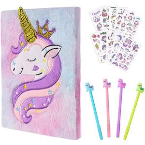 OFFCUP Quaderno Peluche con Unicorno, Diario Segreto, Unicorno Bambina Regalo, Set di Diari per Bambine con 4Pcs Penna Gel Carina e 10Pcs Adesivi Unicorno, Set Cancelleria Scuola per Scrivere Disegni