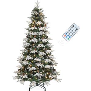 YITAHOME Albero di Natale artificiale 182,9 cm (6 piedi) con illuminazione e telecomando, pre-decorato con 29 coni e 900 punte in PE/PVC, 11 modalità di illuminazione, 3 timer, regolabile e floccato