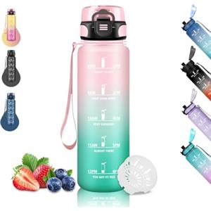 Grsta Borraccia, Borraccia 1 Litro, Borraccie Motivazionale, Senza Perdite, per Adulti, Borraccie con Orari per Bere, Borracce per Ciclismo, Sport, Campeggio, Trekking, Yoga, Rosa-Verde