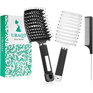 URAQT Spazzola per Capelli Curva con Setole di Cinghiale, 2 Pezzi Spazzola Capelli Districante con 1 Pezzi Pettini Styling, per Adatta Styling a Capelli Lunghi, Fini, Ricci o Lisci, Crespi, Mossi (2#)