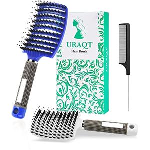 URAQT Spazzola per Capelli Curva con setole di Cinghiale, 3 Pezzi Spazzola Capelli con Pettine Coda per Capelli, Adatta Styling a Capelli Lunghi, Fini, Ricci o Lisci, Crespi, Mossi(Blu+bianco)