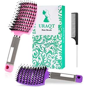 URAQT Spazzola per Capelli Curva con Setole di Cinghiale, 2 Pezzi Spazzola Capelli Districante con 1 Pezzi Pettini Styling, per Adatta Styling a Capelli Lunghi, Fini, Ricci o Lisci, Crespi, Mossi (1#)