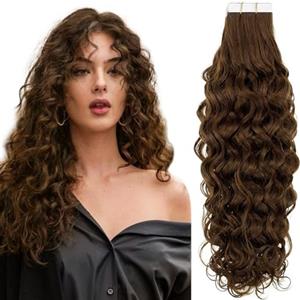 RUNATURE Extension Capelli Veri Ricci Biadesivo Marrone 45cm 20 Pezzi 50g