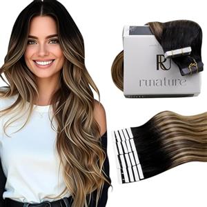 RUNATURE Extension Biadesive Capelli Veri 30cm 20pcs 30g Balayage Nero Ombre Marrone Extension Invisibile #1B/4/27