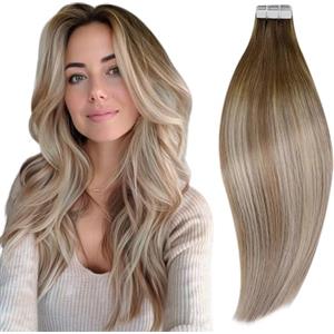 RUNATURE Extension Capelli Veri Biadesivo Balayage Marrone a Castano Chiaro con Biondi #3/8/22 40cm 50g