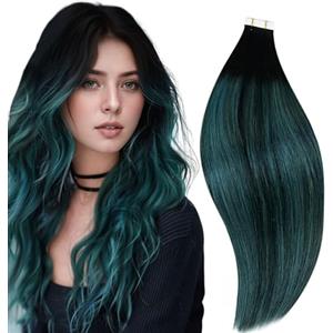 RUNATURE Extension Biadesive Capelli Veri Nero Ombre Verde 30cm 20pcs 30g Corto Extension Capelli Lisci #1B/Teal
