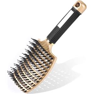 URAQT Spazzola per Capelli Curva con setole di Cinghiale, Spazzola Capelli, per Capelli, Adatta Styling a Capelli Lunghi, Fini, Ricci o Lisci, Crespi, Mossi (Oro)