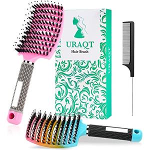 URAQT Spazzola per Capelli Curva con setole di Cinghiale, 3 Pz Spazzola Capelli Districante Spazzole Capelli Curva, Adatta Styling a Capelli Lunghi, Fini, Ricci o Lisci, Crespi, Mossi