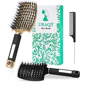 URAQT Spazzola per Capelli Curva con setole di Cinghiale, 3 Pezzi Spazzola Capelli con Pettine Coda per Capelli, Adatta Styling a Capelli Lunghi, Fini, Ricci o Lisci, Crespi, Mossi (Nero+oro)