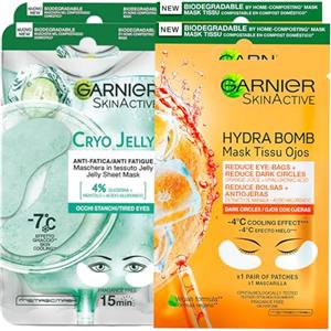 Garnier SkinActive Hydra Bomb Maschera Occhi Anti Occhiaie con Succo d'Arancia e Acido Ialuronico da 4 Patch + Cryo Jelly Maschera Occhi Effetto Ghiaccio Anti-Fatica da 4 Patch - 4 Maschere Monouso