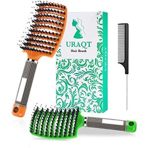 URAQT Spazzola per Capelli Curva con setole di Cinghiale, 3 Pezzi Spazzola Capelli con Pettine Coda per Capelli, Adatta Styling a Capelli Lunghi, Fini, Ricci o Lisci, Crespi, Mossi (Arancione+verde)