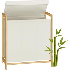 SONGMICS Cesto Portabiancheria 3 Scomparti, Cesta Porta Biancheria Sporca, Struttura in Bambù, Coperchio Rinforzato e Rimovibile, Sacco Rimovibile, 150 L, Bianco Crema RLH103WD01