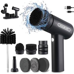 HAUSHOF Spazzola elettrica per la pulizia, spazzola a batteria con 7 spazzole, affilacoltelli e supporto, lavapavimenti a centrifuga con 3 velocità di regolazione e display LCD per bagno cucina