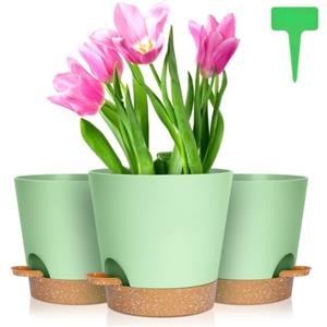 OFFCUP Vasi per Piante Autoirriganti, 6pcs Vasi da Fiori in Plastica, 16.5cm Vasi Decorativi Interno Moderni con Sottovasi per Casa e Ufficio, Vasi da Fiori per Piante, Erbe, Die Rose, Geraniums Verde
