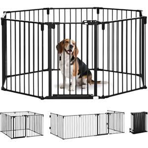 PawHut Cancelletto di Sicurezza Pieghevole 8 Sezioni, Cancellino Barriera per Cani in Acciaio, Sistema di Blocco e Chiusura Automatica, Nero