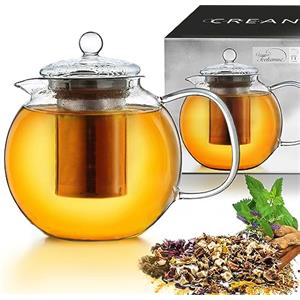 Creano Teiera in Vetro 1,7 Litro con Filtro Acciaio Inossidabile Integrato e Copercio Vetro - Antigoccia Elegante Teiera Trasparente per Tè Infusi Regalo Perfetto - 3 pezzi - 1700ml