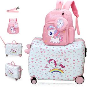R.Leone Valigia Cavalcabile per Bambini Ryanair 55x40x20 cm + 30x23x14 cm Set 2 Pezzi Trolley Bagaglio a mano 4 Ruote e Zaino 311 (Unicorno, Valigia 55x40x20cm+Zaino)