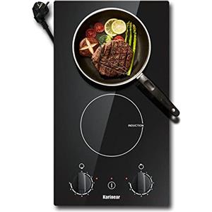 Karinear Piano di cottura a induzione, piano di cottura elettrico a 2 zone da 30 cm con spina, spegnimento automatico, indicatore di calore residuo