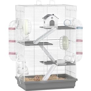 PawHut Gabbia per Criceti a 4 Livelli e 16 Tubi con Casetta, Rampa, Ciotole, Serbatoio per l'Acqua e Vassoio Antigoccia, Gabbietta per Criceti in Metallo e Plastica, 47x30x70 cm, Grigio