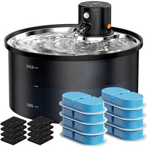 VKIMISS Fontana per Gatti Senza Fili di VKIMISS - Fontana d'Acqua per Gatti con 8 Filtri a Carbone + 8 Spugne - Sensore di Movimento - 3,2 L in Acciaio Inox