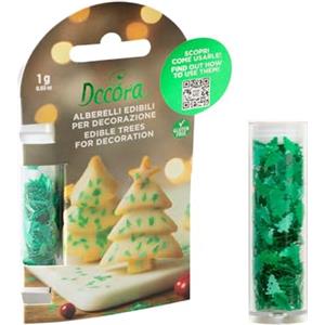 Decora, 2090206, Confezione da 1 g di alberelli edibili, Colore verde metallizzato, Ideali per decorare facilmente dolcetti natalizi