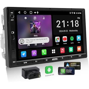 ATOTOEXCEL Autoradio 2 Din Android, CarPlay & Android Auto senza fili, 2+32G, 7 Pollici Autoradio con Schermo, Tethering de WiFi/BT/USB, 24-B EQ DSP, Scanner OBD2, Tracciamento GPS, FM/USB/TF